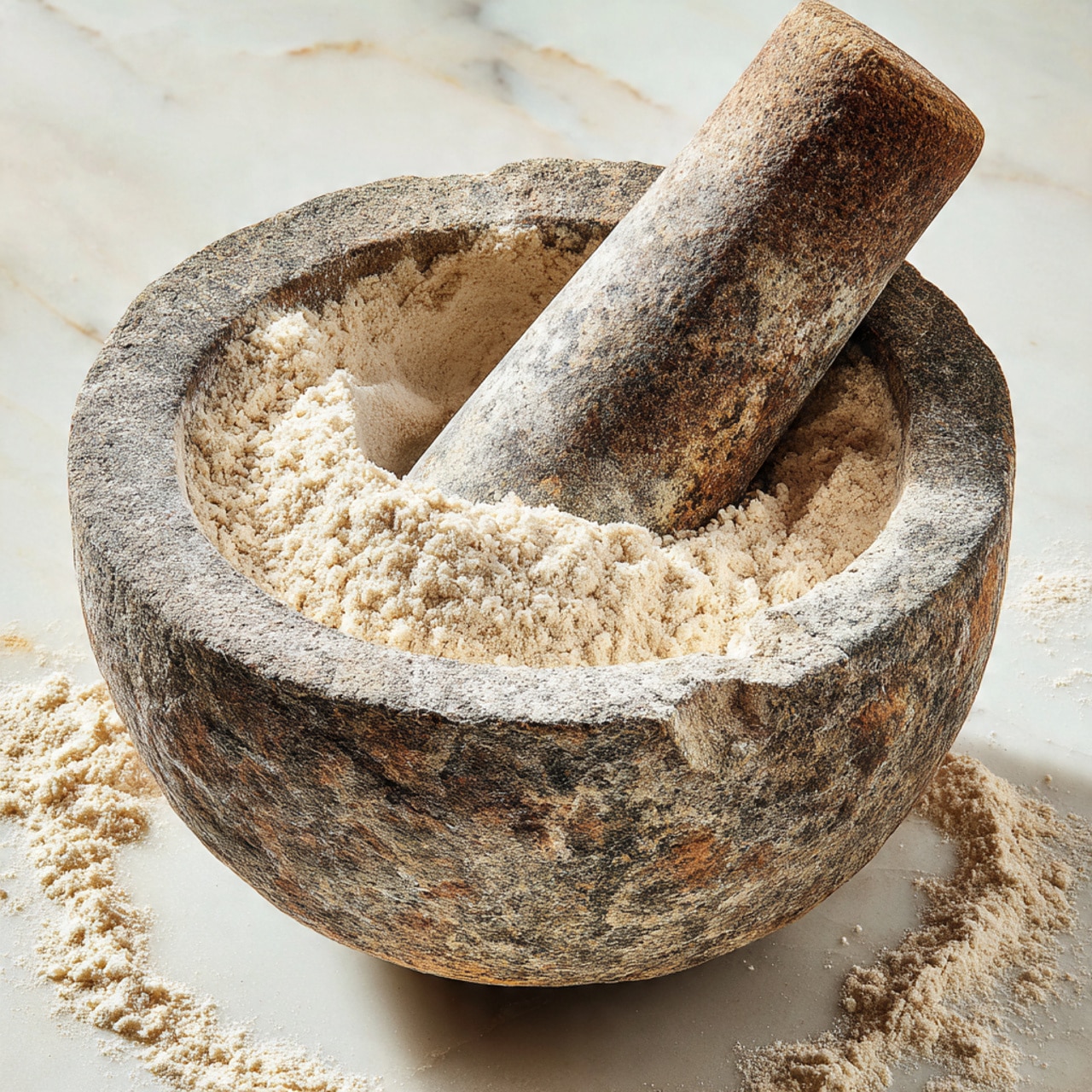 A large mound of light golden popcorn is piled high inside a deep white bowl with a wide rim and a short pedestal base. The popcorn looks fluffy with some pieces showing a slight toasted brown shine. Around the bowl, scattered popcorn kernels lie on a white marbled surface. Near the bowl is a small round white dish filled with coarse salt crystals. The background is blurred with warm tones creating a cozy atmosphere. photo taken with an iphone --ar 4:5 --v 7