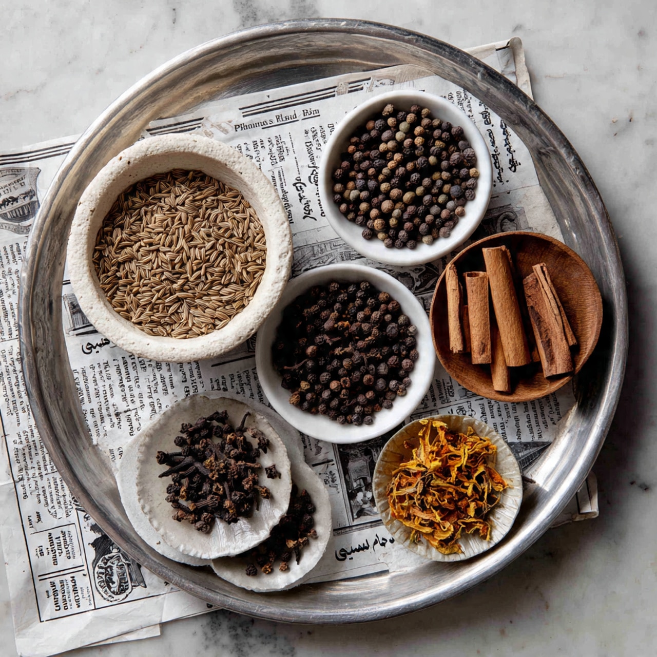 A white bowl holds two separate piles of powder spices side by side, creating a clear division. One pile is a warm brown color with a fine, slightly crumbly texture, while the other pile is a darker reddish-brown with a similarly fine texture. Both spices cover almost the whole bowl with soft, uneven edges meeting in the middle. The bowl sits on a white marbled surface that adds a light and clean background to the image. Photo taken with an iphone --ar 4:5 --v 7