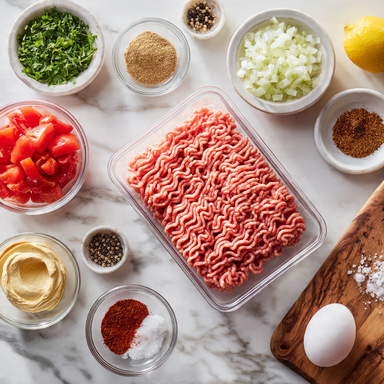 The image shows a stack of three cooked patties with a golden-brown, slightly crispy texture, placed on a black slate board which sits on a wooden base. The patties have visible green herbs and small bits of red seasoning, with a moist and juicy appearance. The top patty is garnished with small fresh green leaves. To the right side of the patties, there are two small green peppers with a shiny surface. The background is softly blurred with hints of green leafy vegetables, and the whole setup is on a white marbled surface. Photo taken with an iphone --ar 4:5 --v 7