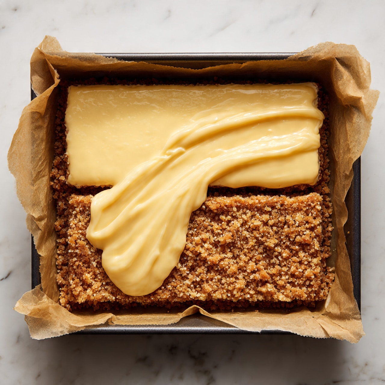 The image shows a close-up of a creamy dessert with three distinct layers. The bottom layer is a brown, crumbly crust that looks crunchy. Above it is a thick, smooth white cream layer that looks soft and fluffy. The top layer has fresh red raspberries, dark purple cherries, and bright orange slices, arranged with green sprigs that have a sprinkle of white powder on them. The entire dessert is on a white marbled surface. Photo taken with an iphone --ar 4:5 --v 7