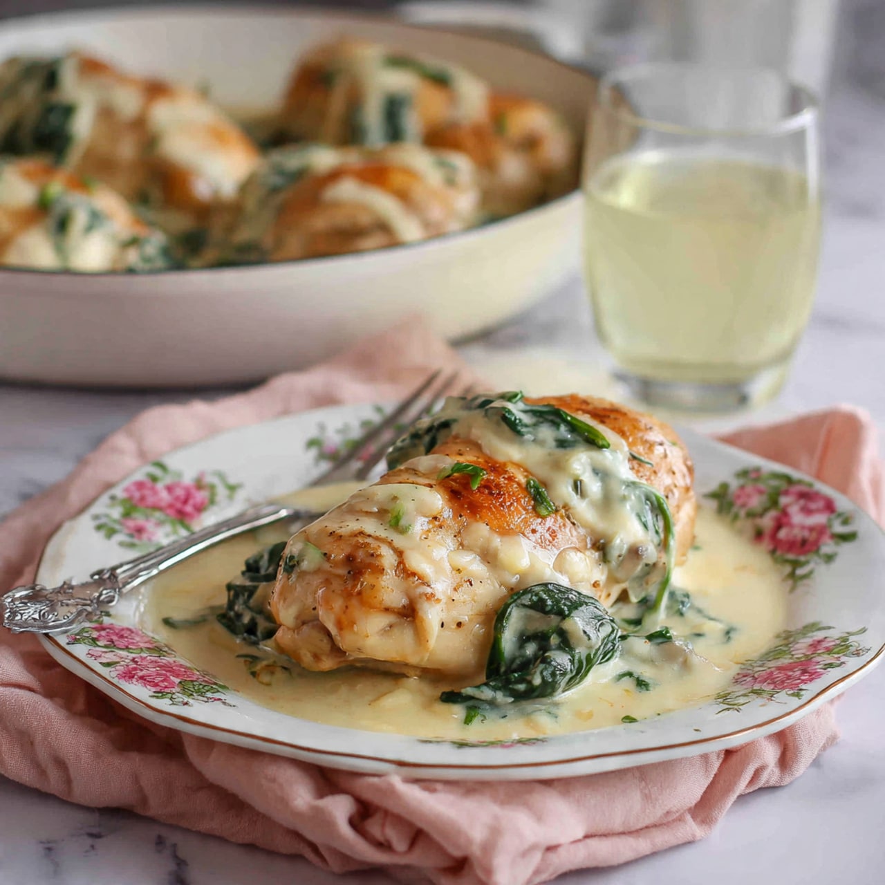The image shows a black cast iron pan with three browned cooked chicken pieces covered in creamy white sauce with dark specks, surrounded by scattered wilted bright green spinach leaves. Below the pan, a white plate with blue patterns holds one piece of the chicken topped with the same creamy sauce and spinach, resting on a soft pink cloth. To the right of the plate, there is a glass of light yellow drink, and a gold fork and knife lie on the pink cloth next to the plate. The whole scene is set on a smooth white marbled surface with whole garlic bulbs and loose spinach leaves scattered nearby. photo taken with an iphone --ar 4:5 --v 7