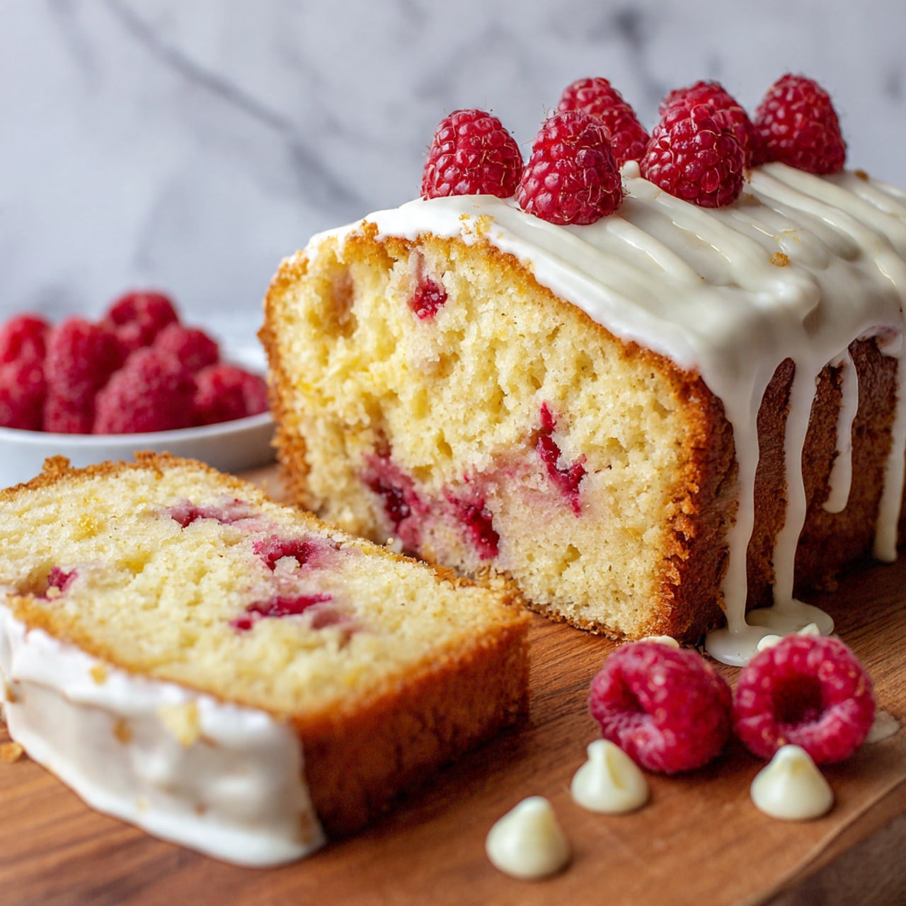 A thick slice of light yellow cake with bright red raspberries scattered inside, topped with a smooth, glossy white icing dripping down the sides, sits on a wooden surface. More raspberries and small white chocolate chips are placed around the cake slice, with a second slice partially visible in the foreground showing creamy texture and raspberry pieces. The background is a white marbled texture. Photo taken with an iphone --ar 4:5 --v 7