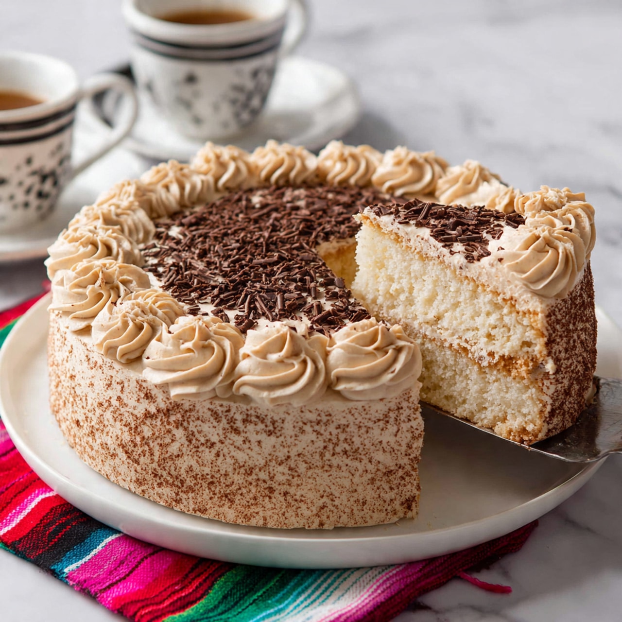 A single slice of dark brown cake with a moist texture sits on a white plate with a wide soft coral edge. The cake slice has one visible layer topped by light beige frosting piped in small peaks across the top. On one half of the frosting, there are thin, curly dark chocolate shavings scattered. In the background, a matching whole cake is slightly out of focus, also frosted with the same beige topping standing on a white plate. The scene is set on a white marbled surface with a colorful, blurred cloth nearby. Photo taken with an iphone --ar 4:5 --v 7