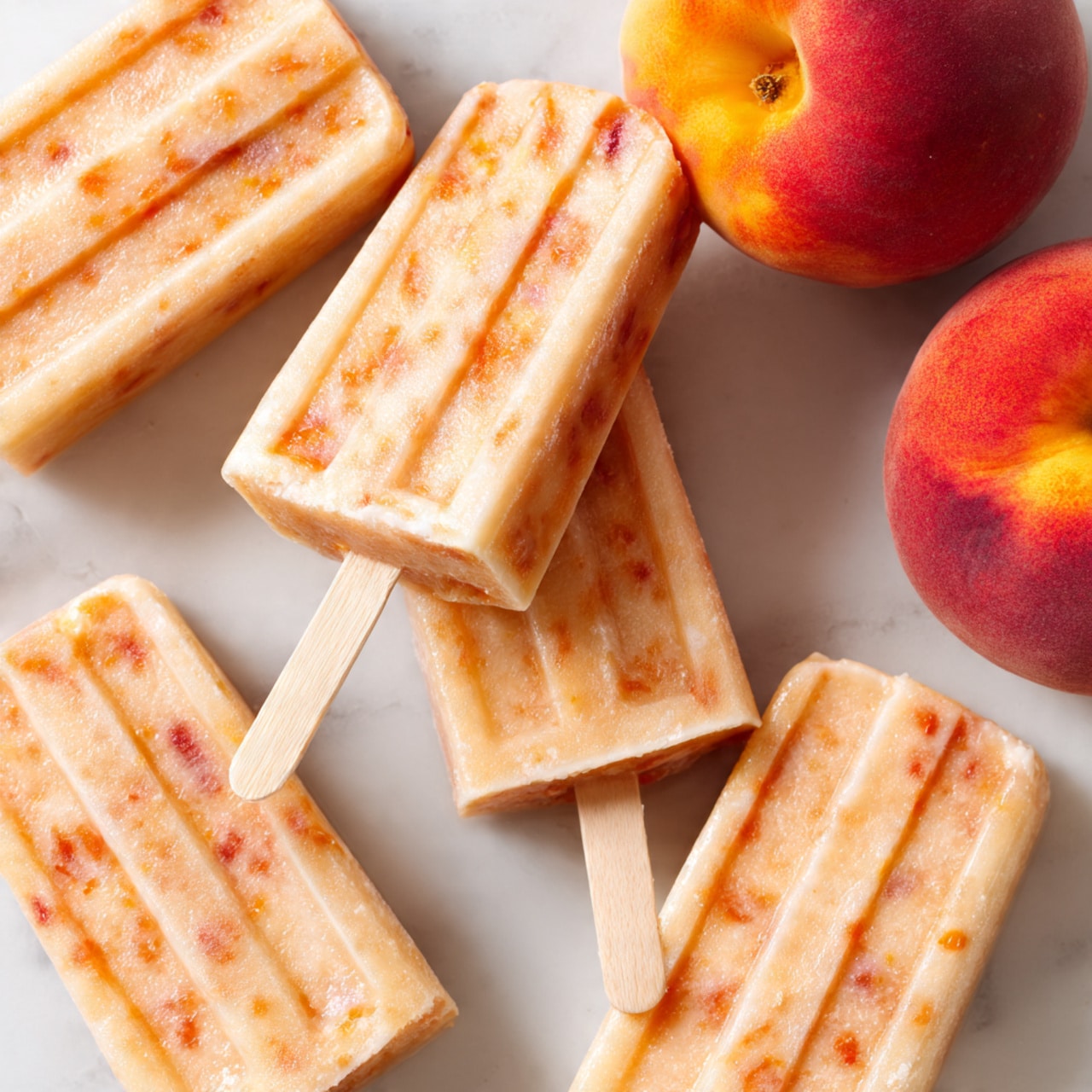 Several creamy peach popsicles are arranged on a white marbled surface, each with a light orange color speckled with small bits of peach throughout. The popsicles have three slightly raised vertical ridges on their flat front side and are held by thin light wooden sticks at the bottom. On the top right side of the image, a whole ripe peach with bright yellow and deep red patches rests among the popsicles. The scene is bright and clean, showing the smooth texture of the frozen treats and the soft fuzz on the peach. photo taken with an iphone --ar 4:5 --v 7