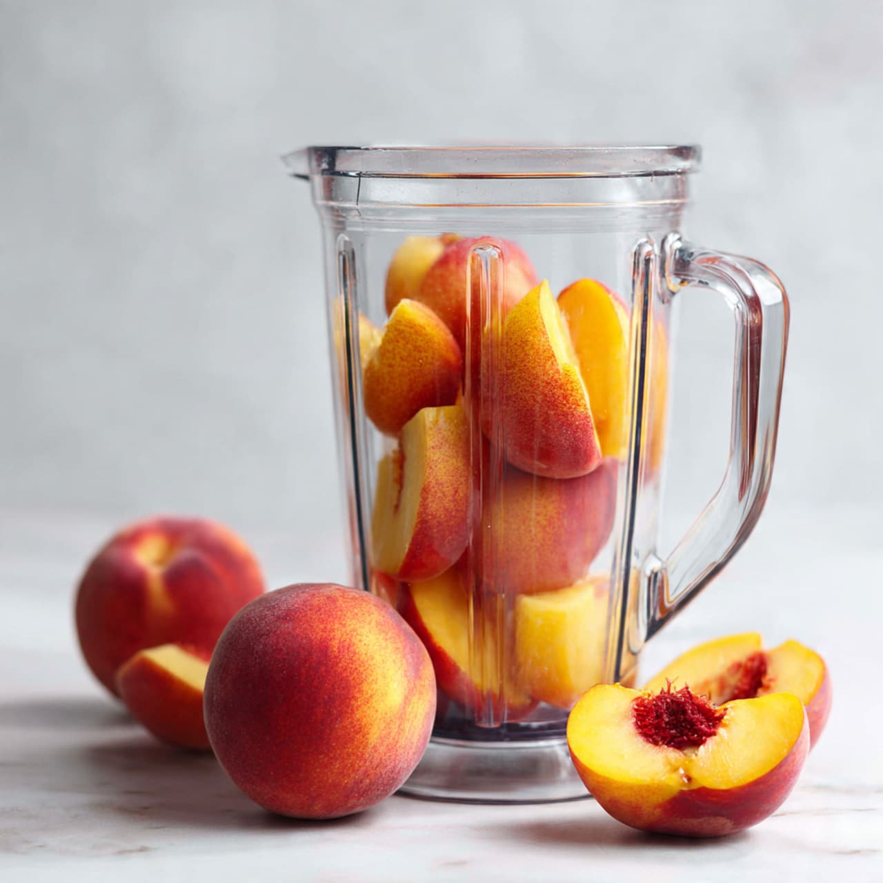 Several creamy peach-colored popsicles with faint red specks are stacked on a white marbled surface. One popsicle lies flat at the bottom, while another rests on top of it at a slight angle, showing smooth rectangular edges and wooden sticks protruding from the bottom. A bright yellow peach with red blush spots sits in the background, slightly out of focus. The popsicles have a smooth and firm texture with subtle horizontal ridges on the top surface. photo taken with an iphone --ar 4:5 --v 7