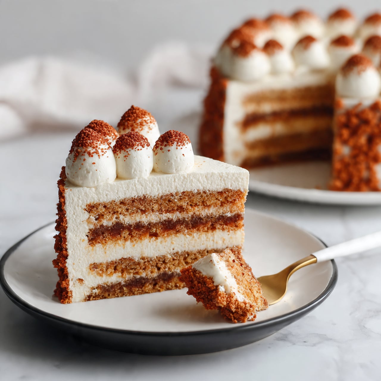 The image shows a round layered dessert on a white plate with ridged edges, placed on a white marbled surface. The dessert has three layers: a light brown base layer that looks soft and crumbly, a thick middle white creamy layer, and a top layer of piped white cream dollops evenly spaced to cover the surface. The cream dollops are dusted generously with reddish-brown cocoa powder. Next to the plate is a black fine mesh sieve with cocoa powder spilled out on the surface. In the background, there is a metal whisk slightly out of focus. Photo taken with an iphone --ar 4:5 --v 7