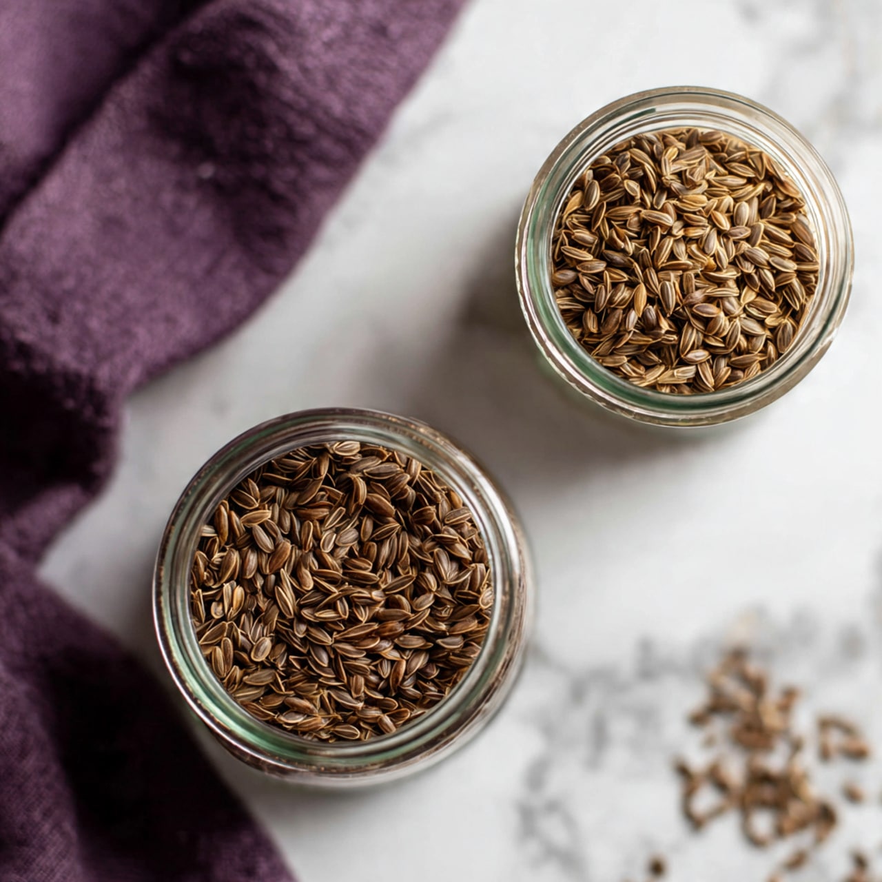 The image shows two clear glass jars filled with dry seeds placed on a white marbled surface. The jar on the top right contains light brown, elongated seeds that look slightly narrow and dry, while the larger jar on the bottom left holds darker brown, thicker seeds with a rough texture. A folded dark purple cloth is placed near the top left of the jars, adding contrast to the scene. photo taken with an iphone --ar 4:5 --v 7