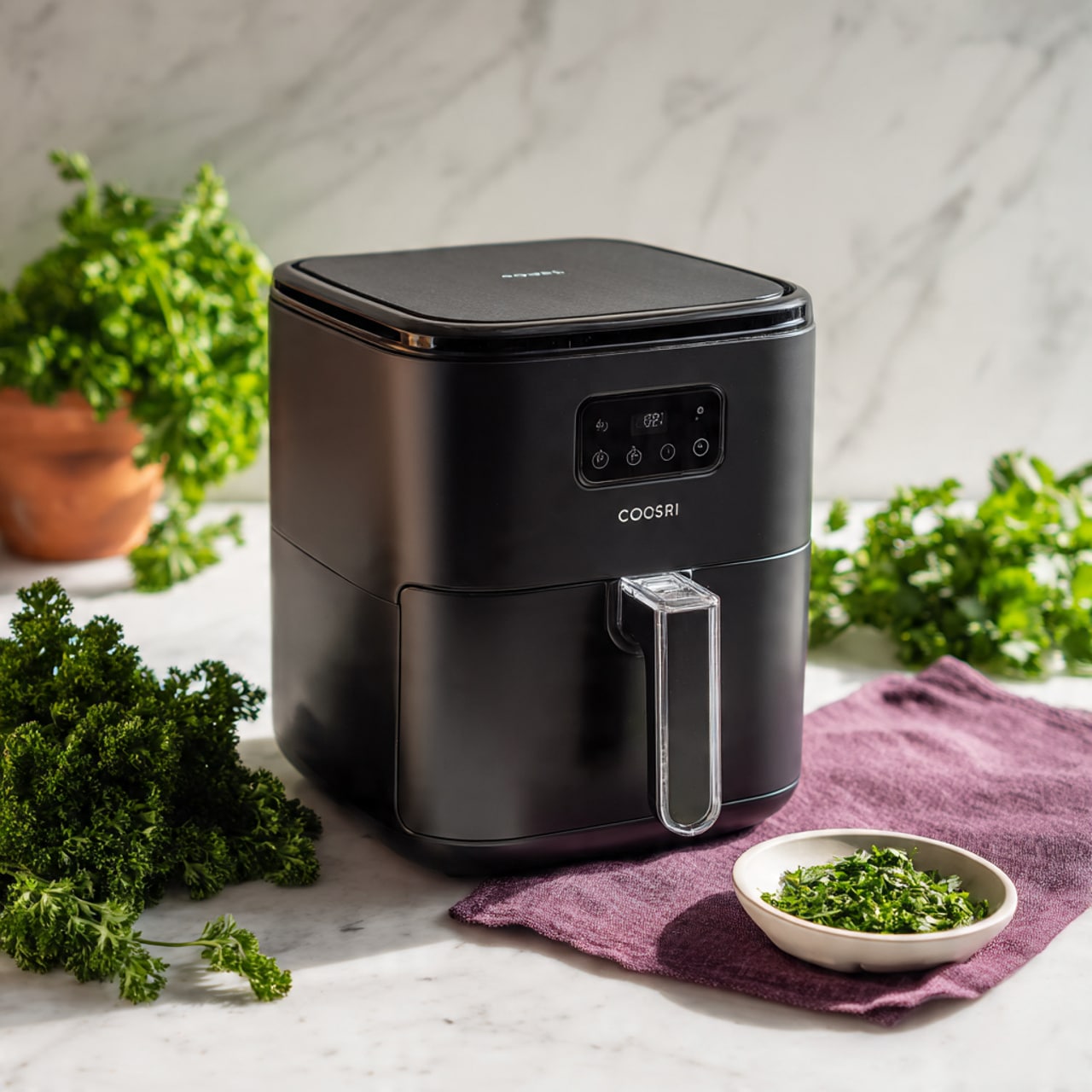 The image shows three soft corn tortillas placed vertically in a silver taco holder on a white marbled surface. Each taco has a base layer of light golden fried fish pieces with a crispy texture. On top, there are slices of green avocado and thin slices of green jalapeño. Red cabbage slaw and small chunks of purple-red onion add color and crunch, mixed with fresh green cilantro leaves. A drizzle of white creamy sauce is spread unevenly over the fillings. The tortillas are lightly toasted with small brown spots. Photo taken with an iphone --ar 4:5 --v 7
