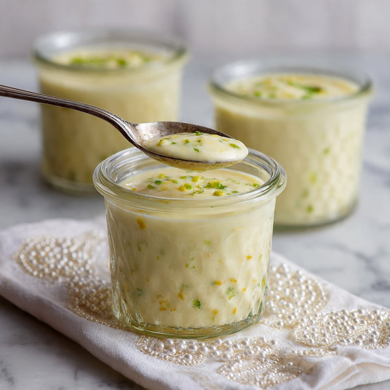 The image shows several clear glass jars filled with a smooth, creamy pale yellow dessert that has a soft texture. Each jar is topped with a small sprinkle of finely chopped green pistachios and a few tiny white almond pieces. The jars are arranged close together on a long, ornate silver tray with detailed patterns. The background and surface beneath the tray are a white marbled texture. One woman's hand is visible at the side lightly holding one jar. photo taken with an iphone --ar 4:5 --v 7