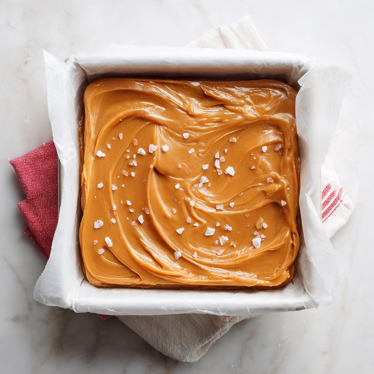 The image shows several light brown caramel candy pieces placed on white parchment paper on a white marbled surface. At the top right, there is a large rectangular slab of the same caramel with smooth texture and clean edges. The caramel pieces are rectangular with rounded edges, each showing a soft, shiny surface. A patterned red and white cloth is partly visible in the bottom left corner. photo taken with an iphone --ar 4:5 --v 7