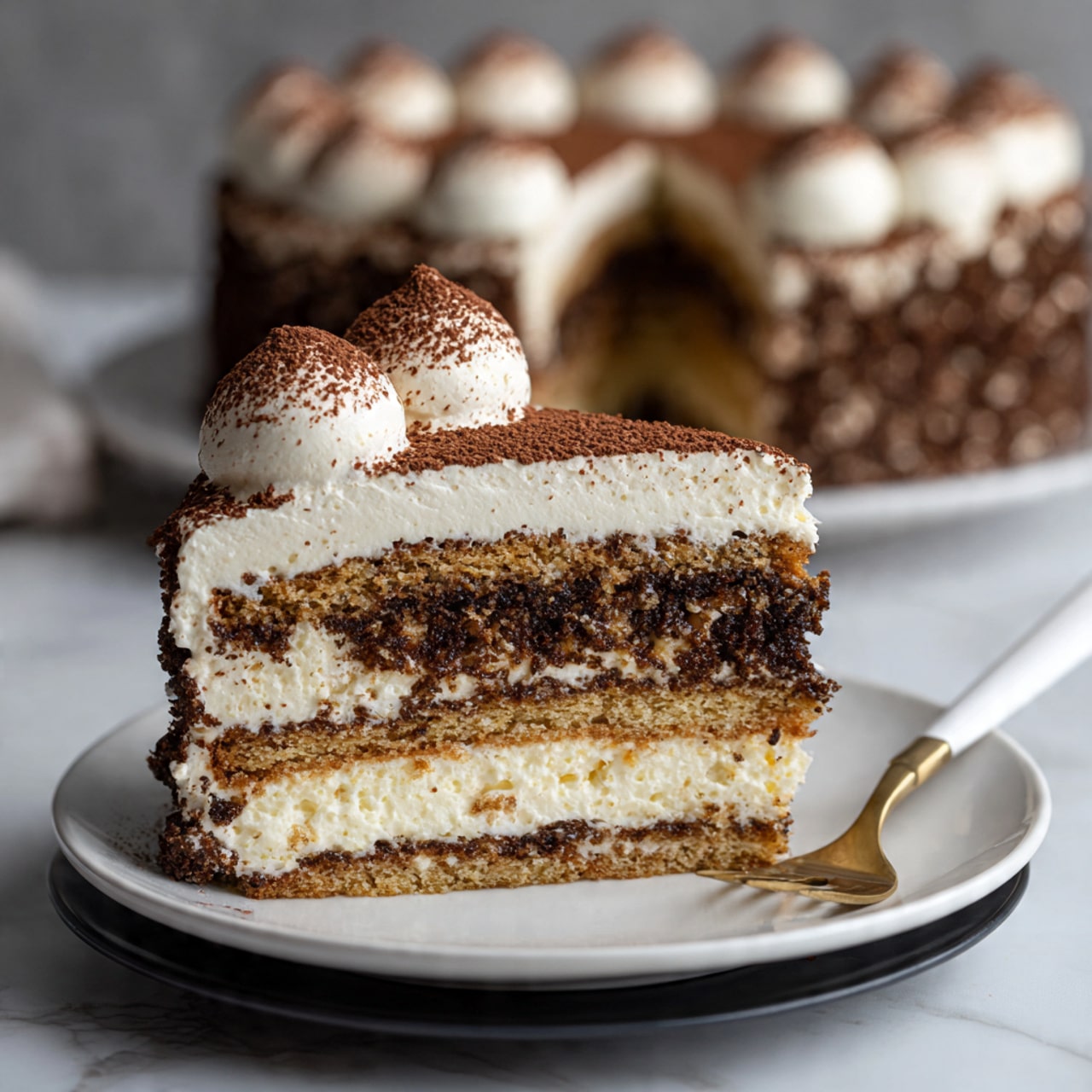The image shows a slice of layered cake placed on a white plate with a black base section, accompanied by a white and gold fork. The cake has four distinct layers: the bottom layer is a light brown biscuit base, followed by a creamy white layer with a slightly grainy texture, then a dark brown layer with a rough texture that looks like soaked sponge, and finally topped with a thick smooth white cream layer. The very top of the cake is decorated with dollops of white cream dusted with a rich cocoa powder, giving a soft, velvety look. In the background, the remaining whole cake mirrors the same layers and decoration, set on a white marbled texture surface. A woman's hand is not present in this image. Photo taken with an iphone --ar 4:5 --v 7