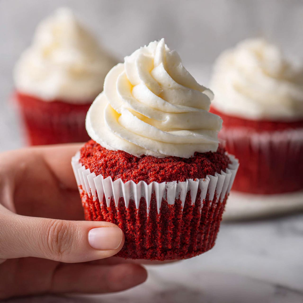 A bright red cupcake with a soft texture sits in a white paper liner that is peeled back, showing the rich red color and crumb of the cake layer. On top is a thick swirl of smooth white frosting, whipped in layers to form a pointed peak. A woman's hand gently holds the cupcake by the base of the liner, slightly lifting it. In the background, two more similar cupcakes are blurred but visible, all set against a white marbled texture. photo taken with an iphone --ar 4:5 --v 7