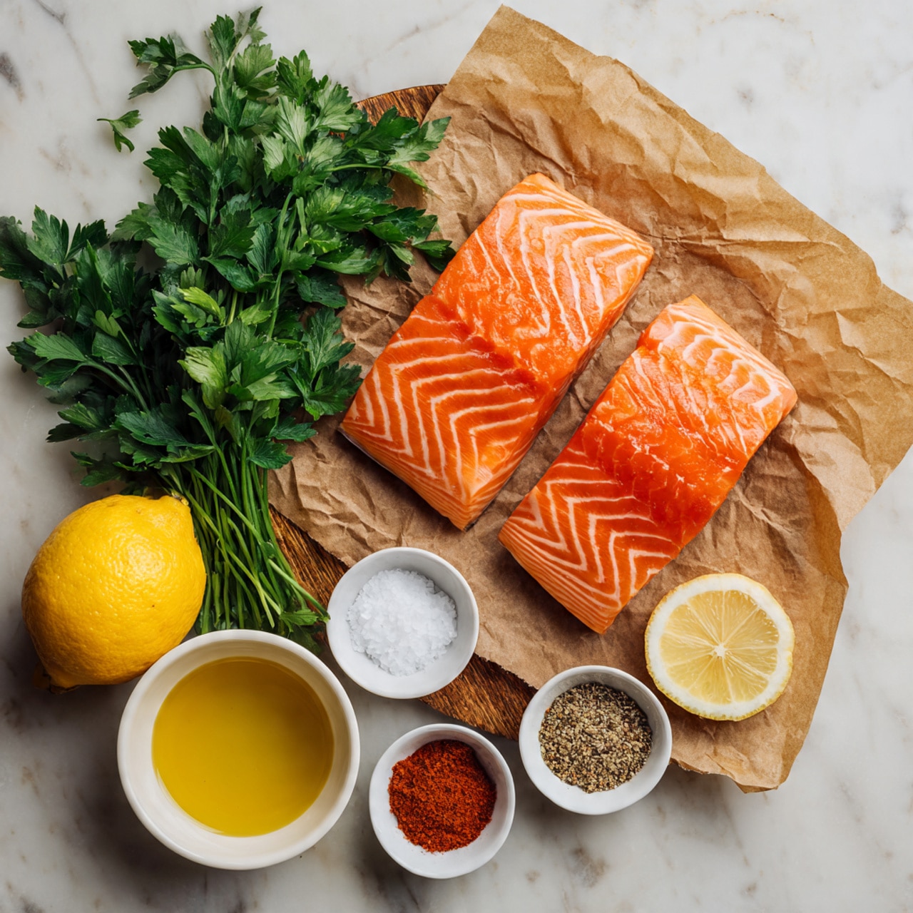 The image shows two raw salmon fillets with bright orange and white marbled lines on crinkled brown parchment paper, placed on a light wooden board. Below the board, there is a bunch of fresh green parsley with broad leaves, a whole yellow lemon, a small white bowl with four different spices arranged in quarters—white salt, black pepper, light beige powder, and red paprika—and another small white bowl filled with golden yellow olive oil. All items rest on a clean white marbled surface. photo taken with an iphone --ar 4:5 --v 7