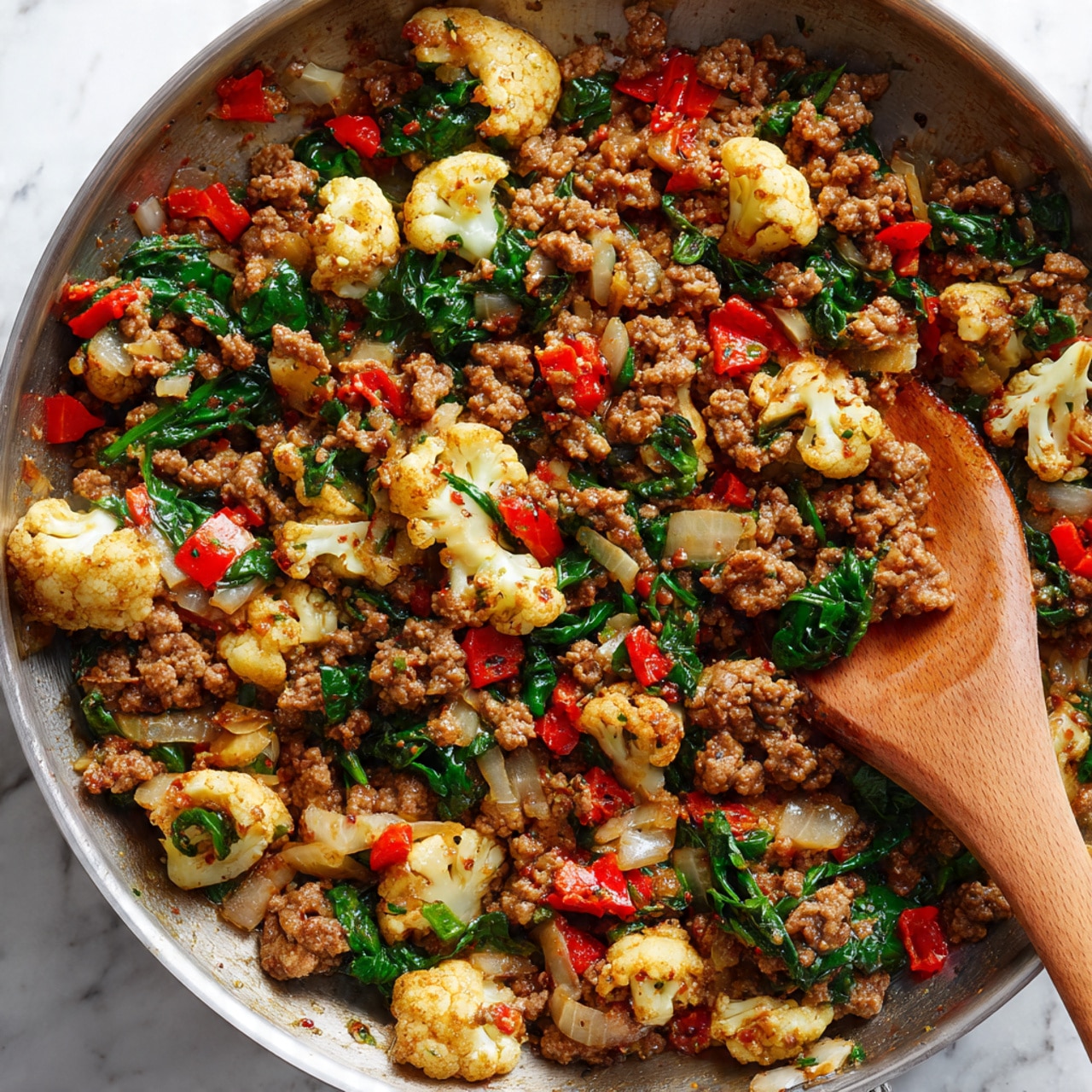 The image shows a close-up of a cooking pan filled with cooked ground meat mixed with small cauliflower florets, bright red bell pepper pieces, wilted dark green spinach leaves, and translucent cooked onion chunks. All the ingredients are well mixed, with the browned meat and spices giving a warm brown color, and the vegetables adding pops of cream, red, and green throughout. A wooden spoon is partially in the pan, showing the texture of the mixture, and the surface under the pan is a white marbled texture. photo taken with an iphone --ar 4:5 --v 7