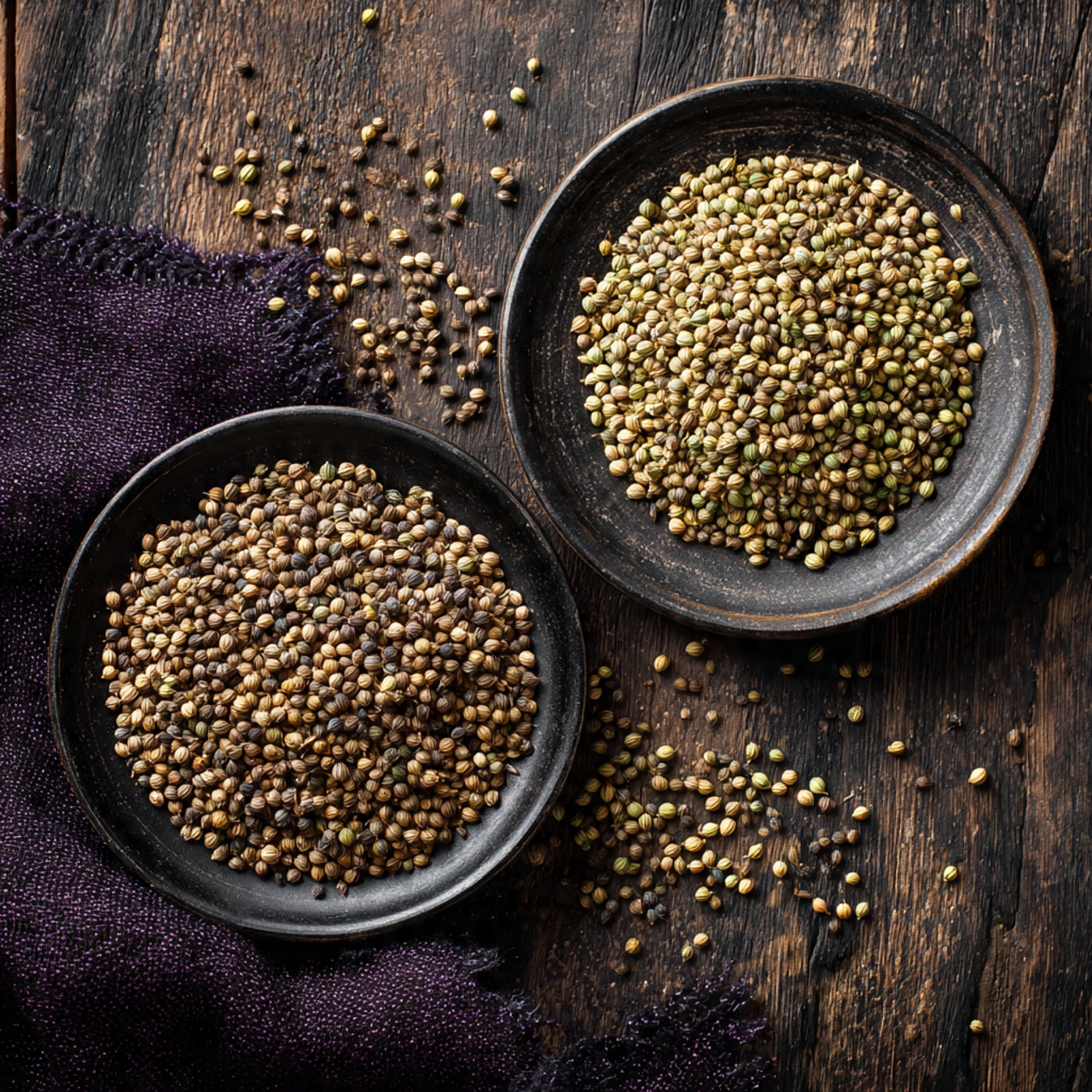 Two round black plates filled with coriander seeds are placed on a dark wooden surface. The plate on the left has slightly darker, brownish-green seeds, while the plate on the right holds lighter, greenish seeds. A dark purple textured cloth is partly visible at the upper left corner. Scattered seeds are around the plates, enhancing the natural and rustic feel of the image. photo taken with an iphone --ar 4:5 --v 7