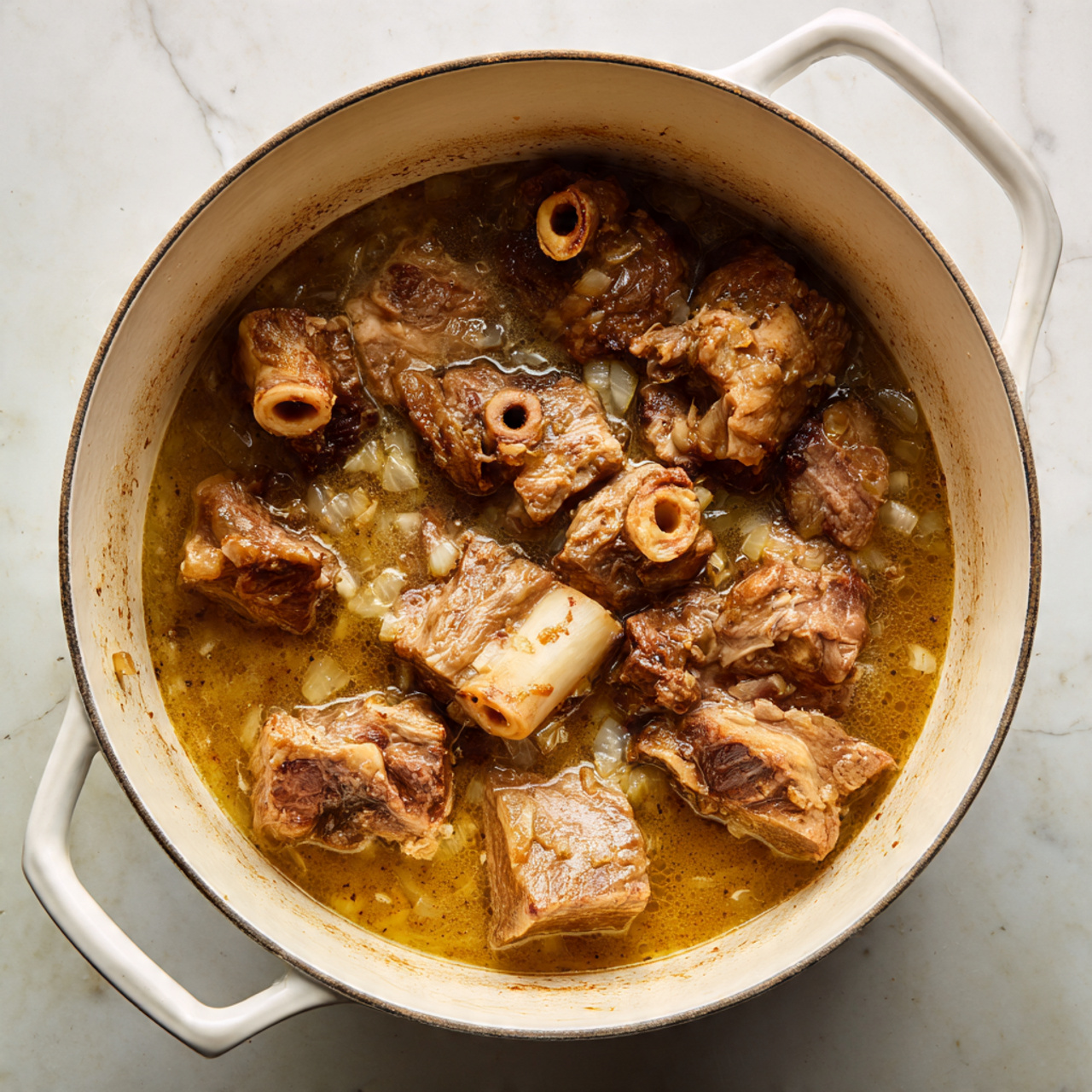 A bowl with a light gray speckled texture holds a rich brown curry with chunks of tender meat coated in thick sauce. The curry is topped with thin pale yellow strips and scattered green herbs. On the right side inside the bowl, there is a piece of soft golden-brown naan bread resting partly in the curry. The bowl sits on a white marbled surface, with green herbs in a small bowl blurred in the background. Photo taken with an iphone --ar 4:5 --v 7