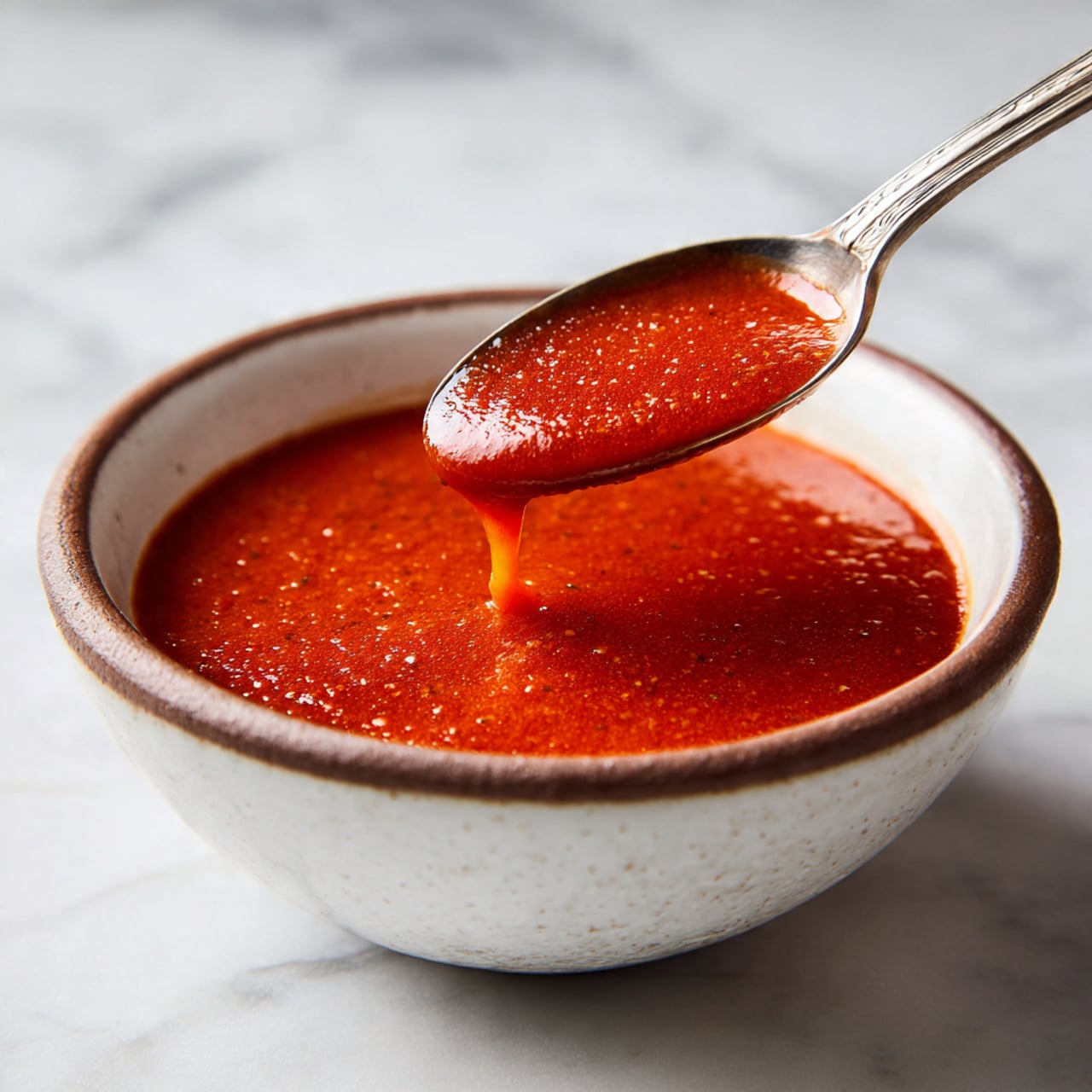 A clear glass jar filled with thick, smooth, bright red raspberry sauce. A spoon holds some sauce above the jar, showing a shiny, soft, and slightly flowing texture. Around the jar on a white marbled surface, there are fresh red raspberries and a white cloth. The background is soft and white, making the sauce and raspberries stand out. photo taken with an iphone --ar 4:5 --v 7