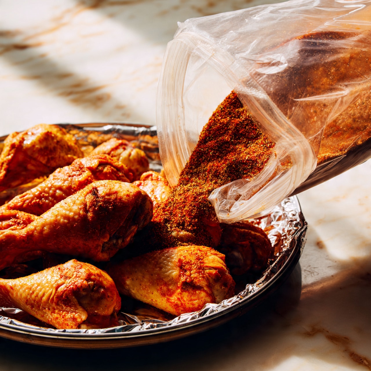 A close-up view of a white plate full of golden brown roasted chicken drumsticks, arranged in a slightly messy pile showing crispy skin with a reddish-brown seasoning crust. The plate is set on a white marbled surface. In the background, there is a white bowl filled with fresh green salad leaves with a mix of light and dark greens and a white bowl containing a creamy white sauce, all slightly blurred to keep the focus on the chicken drumsticks. Photo taken with an iphone --ar 4:5 --v 7