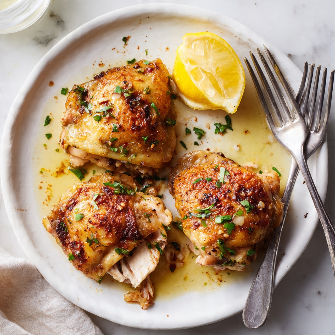 This image shows a white bowl filled with multiple pieces of cooked seasoned chicken wings, placed on a white marbled surface. The chicken wings are golden-brown with a slightly shiny texture, coated with small bits of herbs and spices. Some pieces are whole, while one piece in the center is broken open, revealing tender, pale cooked chicken meat inside. Bright green chopped fresh herbs are sprinkled over the chicken, adding a pop of color. A fork is holding up one of the chicken wings on the right side of the bowl. Photo taken with an iphone --ar 4:5 --v 7