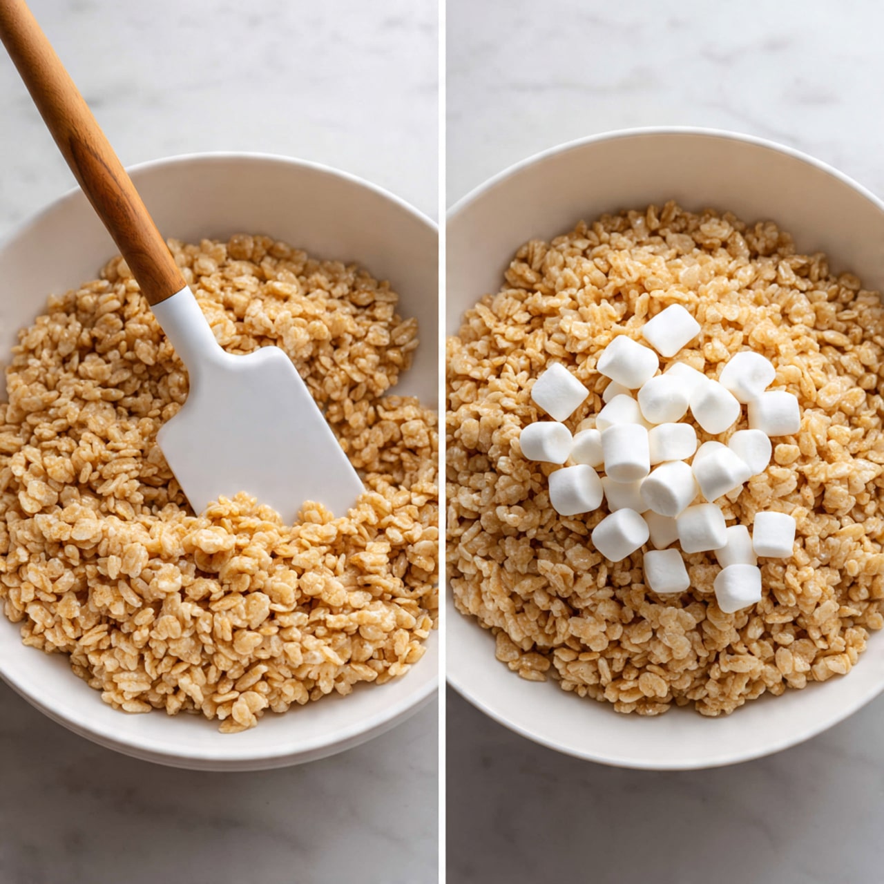 The image shows two close-up views of a white bowl filled with light golden brown rice cereal treats. In the left view, a white spatula with a brown handle stirs the textured, crumbly mixture, which fills most of the bowl with its small, uneven clusters. In the right view, a woman's hand adds a handful of small, white marshmallows on top of the rice cereal mixture inside the same white bowl. Both images are set against a white marbled surface in soft lighting, capturing the warm tones and textures clearly. Photo taken with an iphone --ar 4:5 --v 7