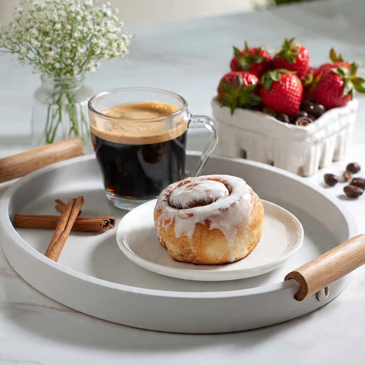 A black square baking pan holds twelve unbaked cinnamon rolls arranged in three rows. Each roll shows a spiral pattern with light beige dough and a dark brown cinnamon filling on top. They look soft and smooth, with the dough tightly wrapped around the filling. The pan sits on a white marbled surface. In the background, a white ceramic cup with small flowers and a wooden container with spoons are softly visible. photo taken with an iphone --ar 4:5 --v 7