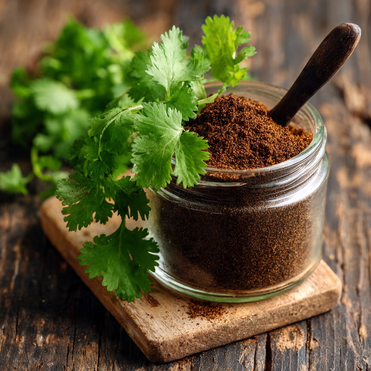 The image shows a clear glass jar filled almost halfway with dark brown powder sitting on a light wooden board with a slightly rough texture. Above the jar, a spoon holding some of the same dark powder is held, positioned as if about to scoop or drop it back into the jar. The background is dark, creating contrast with the jar and powder, and there is a hint of blurred green foliage on the right side. The scene is lit softly, highlighting the texture of the powder and the glass jar. The surface below the wooden board has a white marbled texture. Photo taken with an iphone --ar 4:5 --v 7