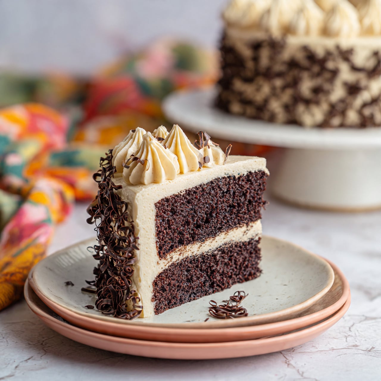 A round cake with one thick dark brown layer made of moist sponge sits on a white plate on a white marbled surface. The top layer of the cake is covered with a light brown creamy frosting, piped in ruffled shapes around the edge. The center is decorated with small dark chocolate shavings scattered over the frosting. A slice is being lifted out with a metal cake server, showing the soft texture inside and a layer of frosting on top. The background is softly blurred with two white mugs that have black patterns on them, and a colorful striped cloth with red, green, pink, and navy stripes lies under the plate. Photo taken with an iphone --ar 4:5 --v 7