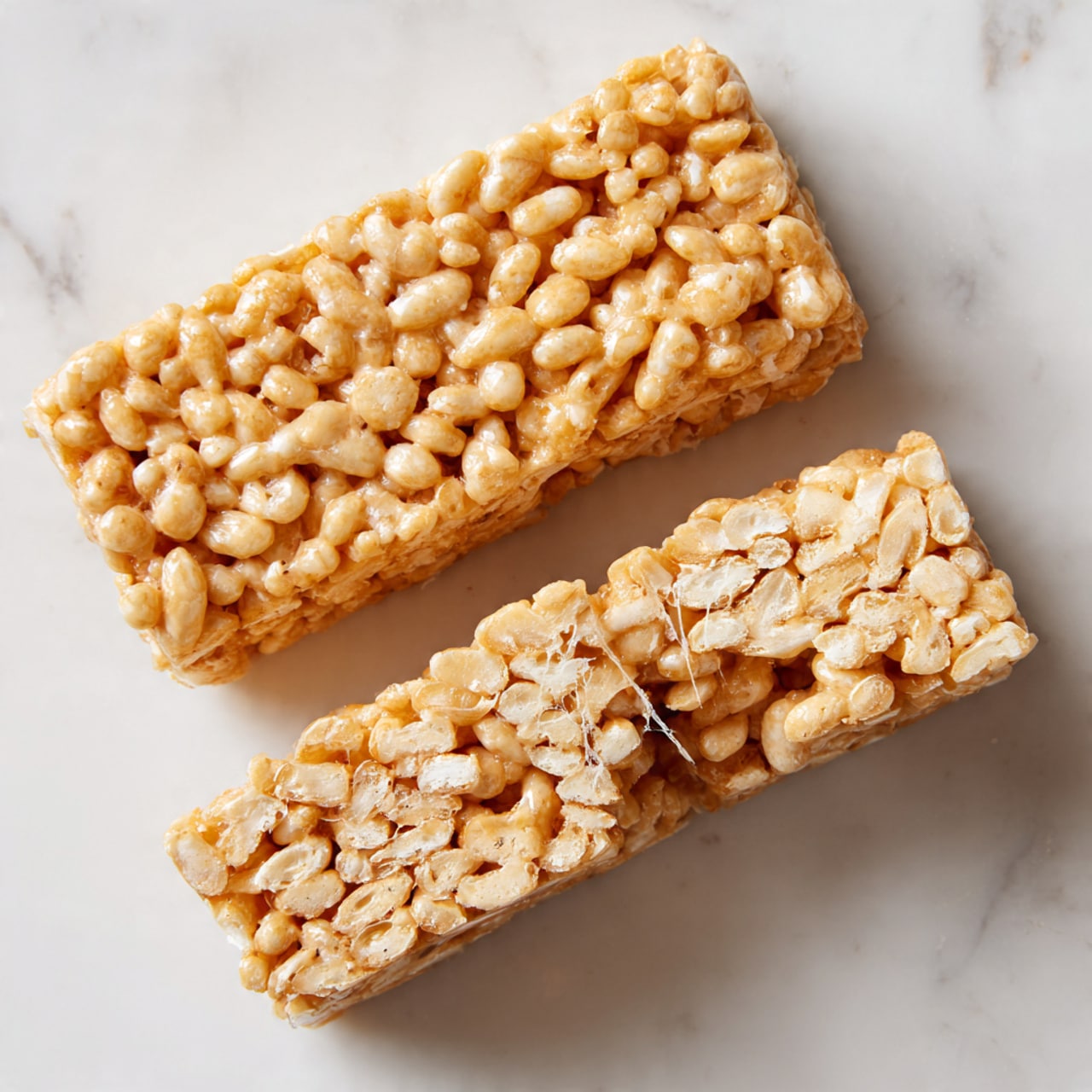The image shows two light golden rice crispy treats stacked slightly tilted on top of each other on a white plate decorated with colorful butterflies and a gold rim. The treats have a puffy, crunchy texture with white marshmallow visible in some spots, adding a glossy contrast to the matte puffed rice. Behind the plate, there is a glass of milk filled almost to the top, sitting on a white marbled surface. In the background, more stacked rice crispy treats rest on a similar butterfly-patterned white plate. A soft pink cloth is slightly visible under the front plate. photo taken with an iphone --ar 4:5 --v 7