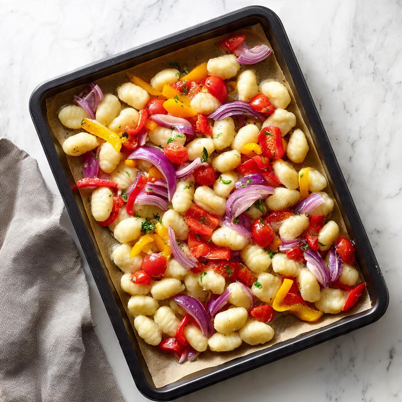 The dish is served in a white bowl with three thick slices of browned sausage placed on top at the center. Below the sausage is a layer of gnocchi, light golden in color with a soft texture, mixed with chunks of red and yellow bell peppers and some wilted green spinach leaves. Small green basil leaves are scattered on top along with thin shreds of white cheese sprinkled over the entire dish. The bowl is placed on a white marbled surface with a small white bowl filled with shredded cheese visible in the background on the upper left. A gold fork and spoon rest on the right side with a gray cloth nearby. Photo taken with an iphone --ar 4:5 --v 7