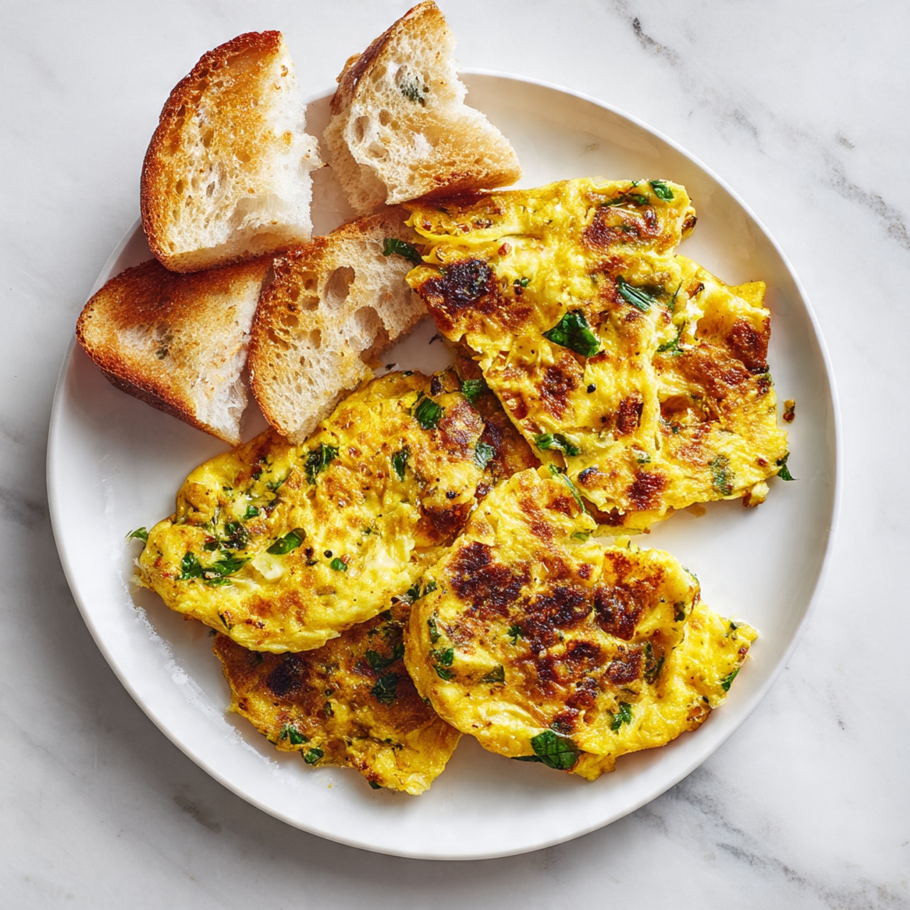 A white plate on a white marbled surface holds three uneven, golden-yellow omelette pieces, each with browned, slightly crispy spots and visible green herbs mixed throughout. The omelette layers appear soft with some a bit folded and irregular in shape. In the upper left corner, there are three pieces of toasted white bread, one showing a bite taken out. The overall scene is bright and clean. photo taken with an iphone --ar 4:5 --v 7