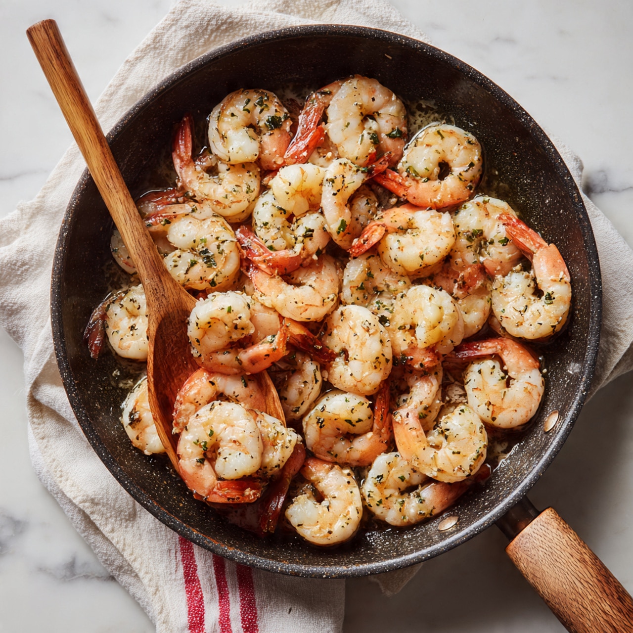 The dish shows a black pan filled with three main layers: the bottom layer is light yellow bowtie pasta with a smooth texture, scattered throughout the pan. On top of the pasta are round slices of light brown sausage pieces with a slightly crispy outside. Mixed among them are plump shrimp with a light pink color and slightly curled shape. The visible vegetables include bright yellow pepper strips, red pepper strips, green pepper strips, and slices of green zucchini, all cooked but still fresh-looking. The whole mix has a light sprinkle of green parsley on top, and the pan sits on a white marbled surface, with a fork partly visible on the right side. photo taken with an iphone --ar 4:5 --v 7