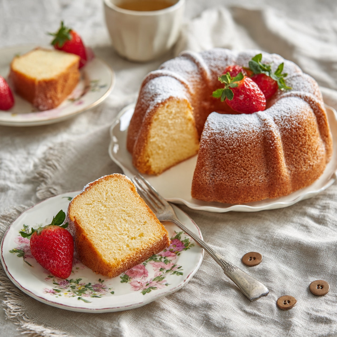 A golden brown round cake with a hole in the center sits on a white plate with floral patterns. The cake is lightly dusted with white powdered sugar on top, and the hollow center is filled with fresh, bright red strawberries with green leafy tops. The plate rests on a white marbled surface, adding a soft contrast to the rich colors of the cake and strawberries. photo taken with an iphone --ar 4:5 --v 7