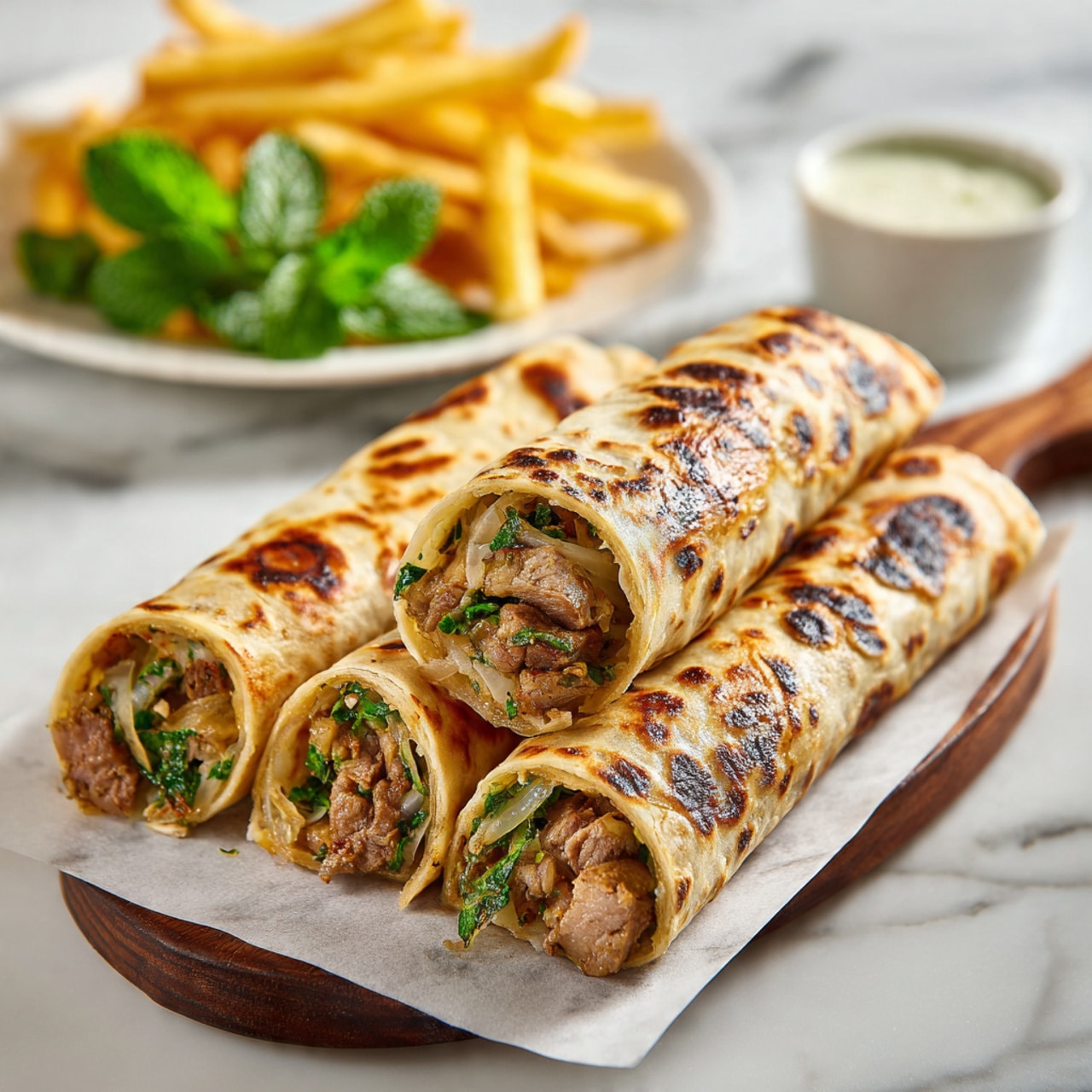 The image shows three wraps stacked on a wooden board. Each wrap has a light brown toasted flatbread folded around a filling of lightly browned grilled pieces of meat, visible bits of white onion, and some green herbs. To the left of the wraps, there is a pile of golden yellow French fries. On the right side of the board, there is a small clear glass bowl filled with white creamy sauce. Behind the wraps, two glasses of dark cola with ice can be seen. The whole scene is set on a surface with white marbled texture photo taken with an iphone --ar 4:5 --v 7