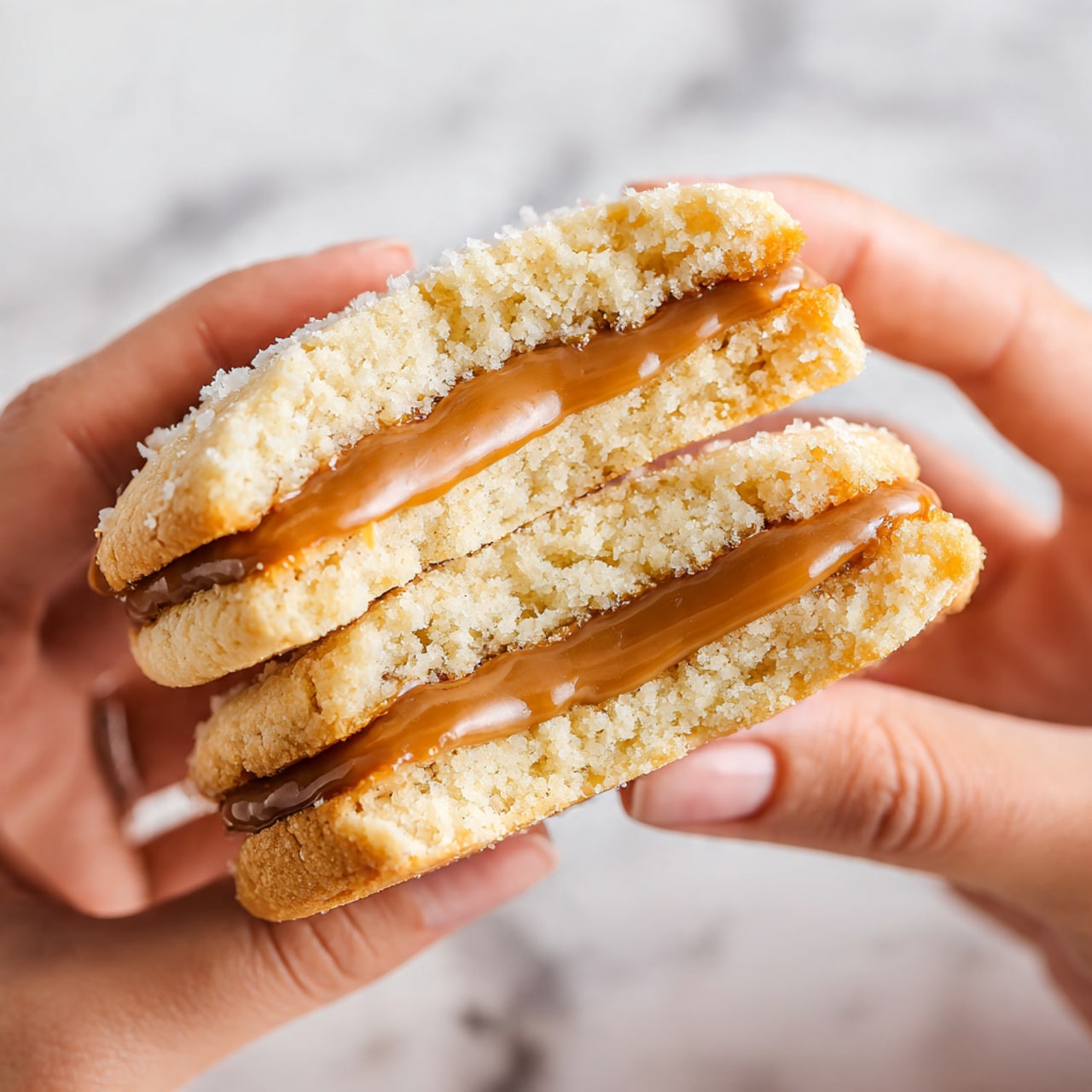 A close-up image of a soft cookie broken in half, showing a thick, creamy caramel layer inside. The cookie is golden brown with a crumbly texture on the outside and a soft, dense inside. The caramel is smooth and glossy, spread thickly on the middle layer of the cookie halves. A woman's hand is holding the cookie gently, with fingers visible on either side. The background has a white marbled texture. photo taken with an iphone --ar 4:5 --v 7