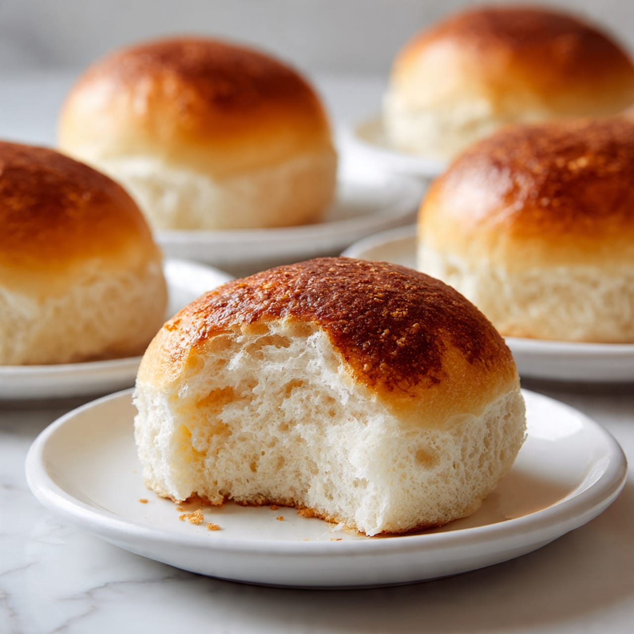 The image shows three round, golden-brown buns, each placed on a simple white plate with gentle scalloped edges, positioned on a white marbled surface. The buns have a smooth, slightly shiny top layer and a darker, textured bottom that contrasts with the soft upper part. In the background, there is a bowl filled with white chrysanthemum flowers and a vase holding pink flowers, both placed softly out of focus, adding a delicate touch to the scene. The whole setup feels clean and calm, with natural light softly highlighting the textures and colors. Photo taken with an iphone --ar 4:5 --v 7