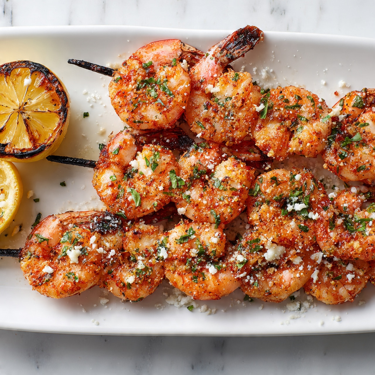 The image shows three black skewers layered with grilled shrimp that are orange with light char marks. The shrimp are arranged in rows, each skewer holding about six to seven pieces. The shrimp are placed on a bed of fresh green parsley leaves mixed with halved red and yellow cherry tomatoes. Small white crumbles of cheese are sprinkled over the shrimp and garnish. A yellow lemon wedge is placed at the top corner of the white plate, which sits on a white marbled surface. The photo taken with an iphone --ar 4:5 --v 7