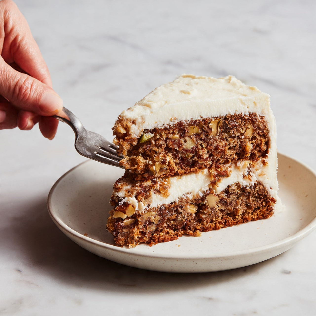 The image shows a two-layer carrot cake with light brown layers filled with small orange carrot bits and dark spots of nuts or raisins. Between the two layers, there is a thick, smooth white cream layer. The outside of the cake is fully covered with the same white cream frosting that looks soft and creamy, with slight swirls. A slice is cut out from the round cake, revealing the inside texture. The cake sits on a round white plate on a white marbled surface. Photo taken with an iphone --ar 4:5 --v 7