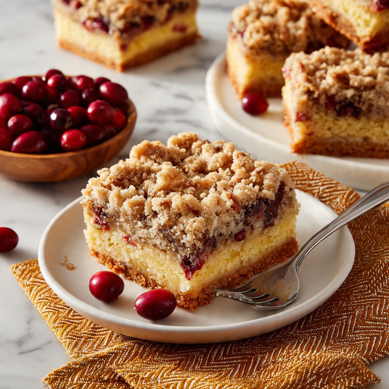 A square of crumb cake sits in the center of a white plate, showing three distinct layers: a light golden-yellow cake base dotted with small pieces of red and brown, a thin middle layer of dark brown crumb, and a thick, textured crumb topping with a mix of brown shades and pecan bits. Around the cake piece, shiny red cranberries are scattered on the plate. A silver fork rests on the right side of the plate. In the background, more crumb cake squares stack with the same layered look, and a small wooden bowl filled with red cranberries adds color to the white marbled surface. A mustard yellow cloth with a herringbone pattern lies in the front corner. Photo taken with an iphone --ar 4:5 --v 7