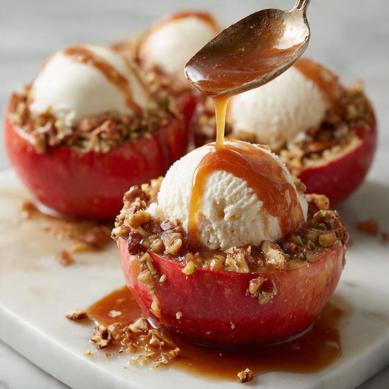 A close-up of baked apple halves filled with chopped nuts and spices, their red skin slightly blistered from cooking. Each apple half is topped with a smooth scoop of white ice cream, melting slowly into the nutty filling. A caramel-colored sauce is being poured from a spoon over the ice cream, dripping down and mixing with the sauce pooled around the apples on a white marbled surface. The texture of the sauce is shiny and thick, contrasting with the soft ice cream and crunchy nuts photo taken with an iphone --ar 4:5 --v 7