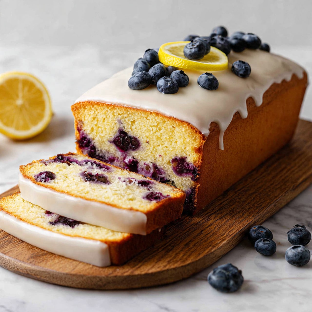A loaf cake with a smooth white icing covering the top and sides, placed on a wooden board over a white marbled surface. Inside, the cake is light yellow with many dark purple blueberries spread evenly throughout. The top of the cake is decorated with thin lemon slices and fresh blueberries scattered along the icing. One slice is cut and laid flat in front of the loaf, showing the blueberry-filled texture clearly. Photo taken with an iphone --ar 4:5 --v 7
