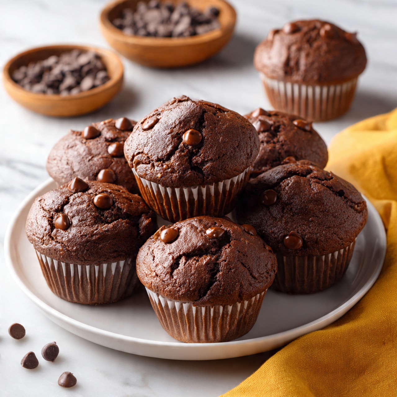 A white plate holds seven chocolate muffins arranged closely together, each muffin topped with shiny, dark chocolate chips that add texture to their cracked, rich brown surfaces. The muffins have a soft, slightly rough texture and sit in white paper liners. In the background on the white marbled surface, there are two wooden bowls; one holds small chocolate chips, while the other holds a single chocolate muffin also sprinkled with chocolate chips, slightly out of focus. A mustard-yellow cloth peeks from the corner near the bottom right. The photo is taken with an iphone --ar 4:5 --v 7
