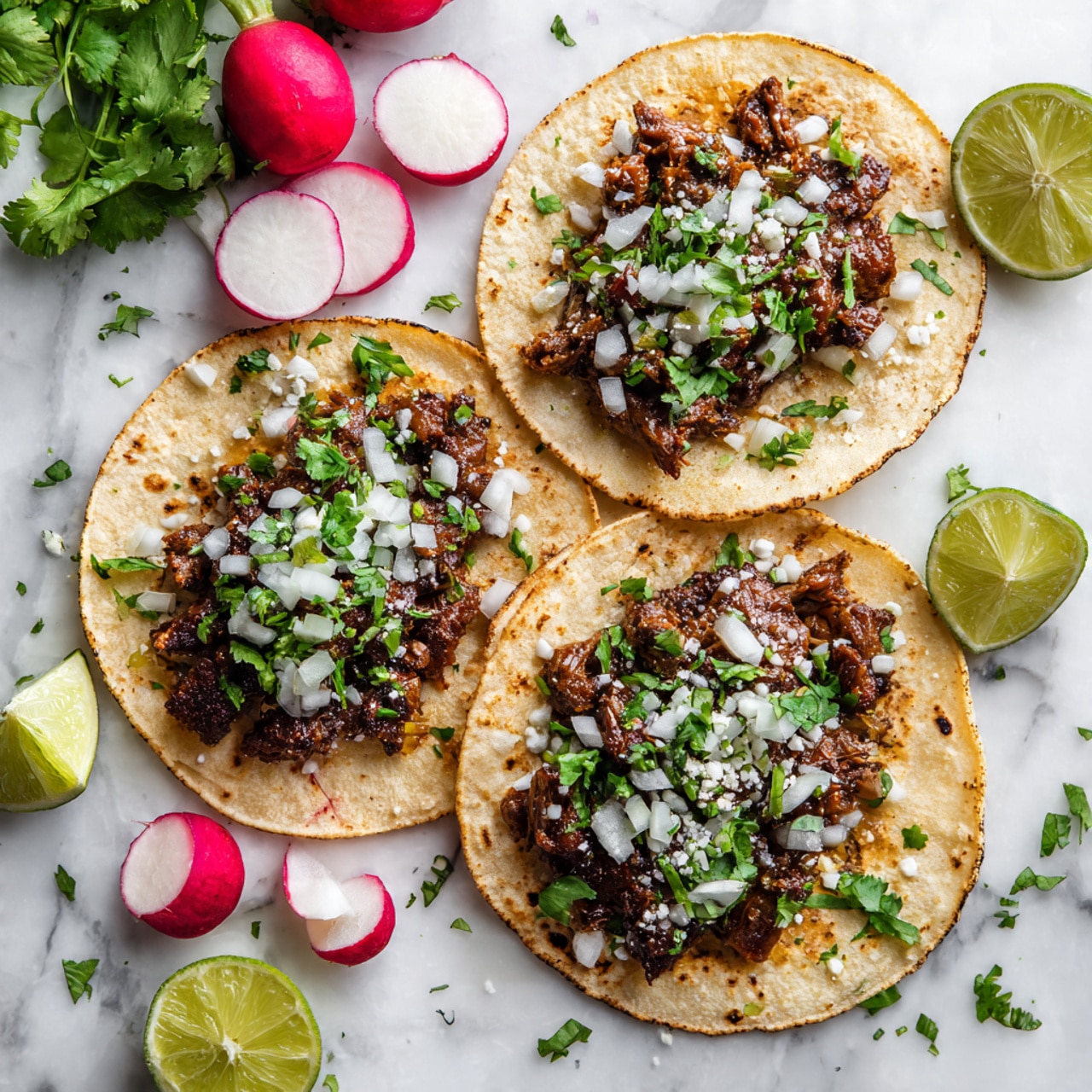 Three soft corn tortillas each hold dark brown grilled meat pieces arranged in an uneven pile. On top of the meat, there is a small layer of finely chopped white onion and green cilantro leaves. Around the tortillas, extra garnishes include thin slices of red and white radish and a wedge of lime with its bright yellow-green flesh visible. The scene is set on a white marbled surface that adds a light contrast to the dark meat and colorful garnishes, creating a fresh and appetizing look. photo taken with an iphone --ar 4:5 --v 7