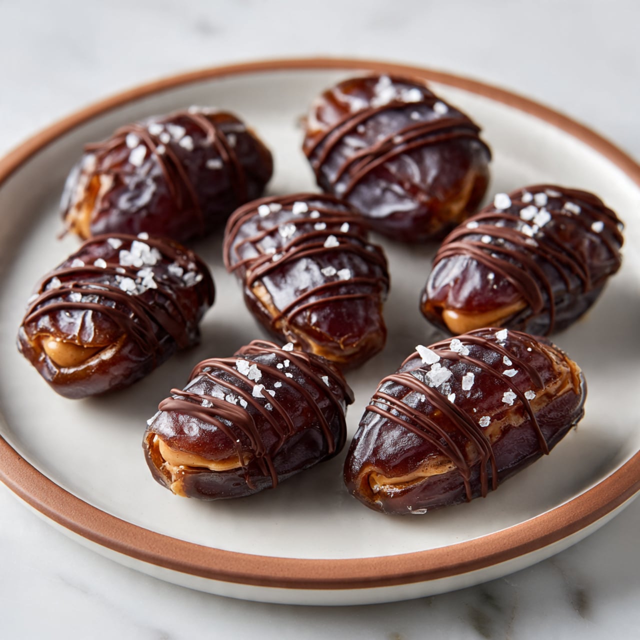 This image shows several small desserts made of dark brown dates sliced open and filled with tan peanut butter and topped with pieces of light brown pecans. Each dessert is drizzled with dark brown chocolate sauce and sprinkled with coarse white salt crystals. One dessert is held above the rest by a woman's hand, highlighting its layers and textures. The background is a white marbled surface. photo taken with an iphone --ar 4:5 --v 7