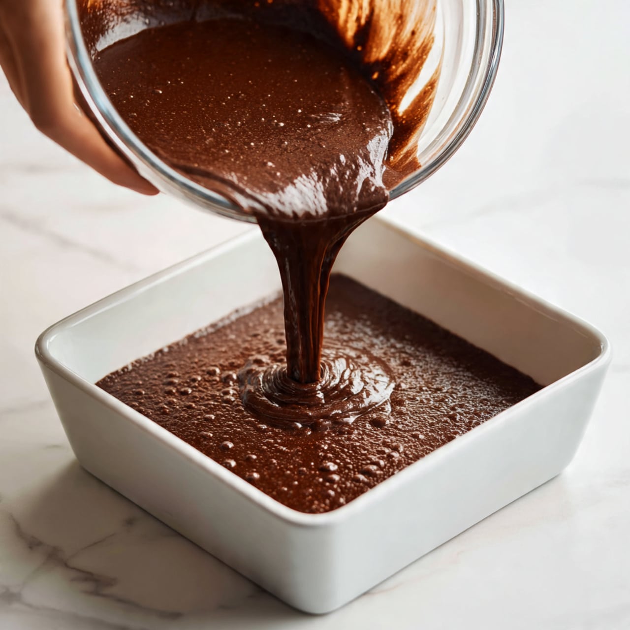 A close-up of two dark brown brownies stacked on top of each other, showing three layers: the bottom layer is a dense and moist brownie base, the middle layer is gooey and slightly thicker with a soft texture, and the top layer is a lighter brown, cracked and slightly crisp. These brownies sit on white parchment paper with more brownies visible in the background on a white marbled surface. A woman's hand gently lifts the top brownie piece, revealing the rich texture inside. The scene has natural light highlighting the textures and layers. photo taken with an iphone --ar 4:5 --v 7