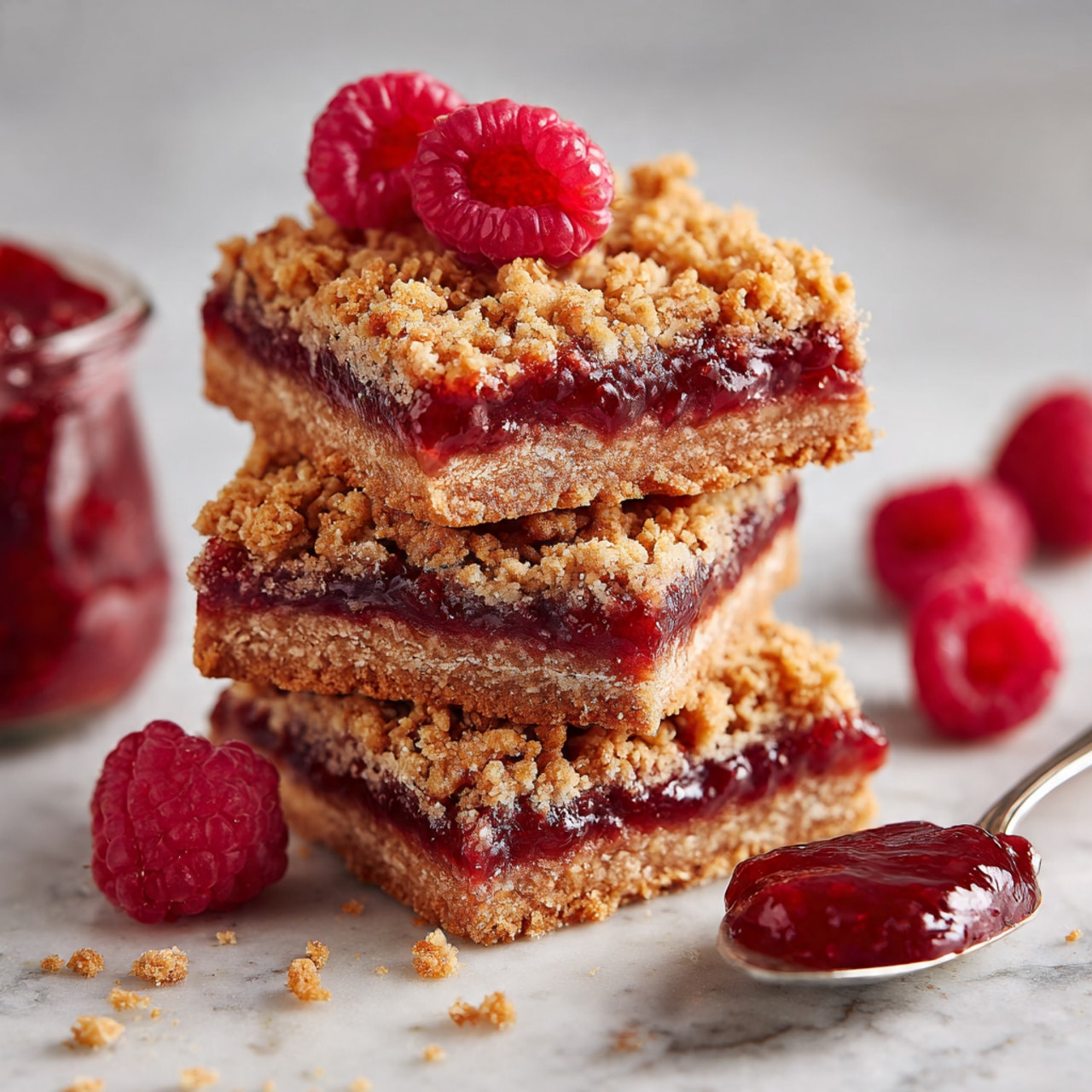 Three square oat bars are stacked on top of each other on a white marbled surface. Each bar has three visible layers: the bottom layer is a crumbly golden oat crust, the middle layer is a smooth, glossy deep red raspberry jam, and the top layer is a rough, chunky oat crumble. Fresh red raspberries are placed on top of the stack and scattered around it. To the right, there is a spoon with thick red jam resting on the surface next to more raspberries. The photo is taken with an iphone --ar 4:5 --v 7