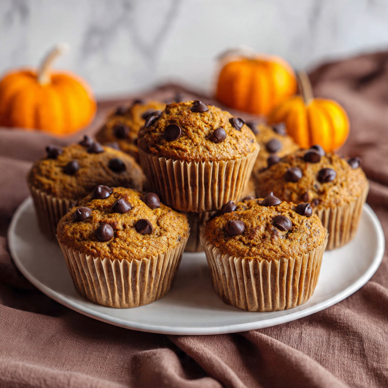 Seven pumpkin muffins with a rough and slightly cracked top layer colored warm orange-brown are arranged on a white plate. Each muffin is topped with several dark brown chocolate chips that stand out against the orange surface. The muffins are wrapped in light brown paper liners that add texture at the base. Three small orange pumpkins are blurred in the background on a white marbled surface, adding a fall theme. The plate sits on a rough brown fabric with soft folds. The photo taken with an iphone --ar 4:5 --v 7