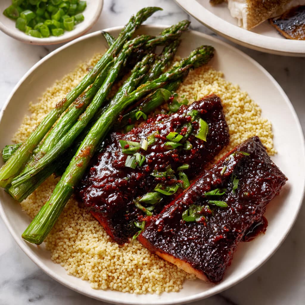 Bourbon Glazed Salmon with Asparagus and Pearl Couscous Recipe