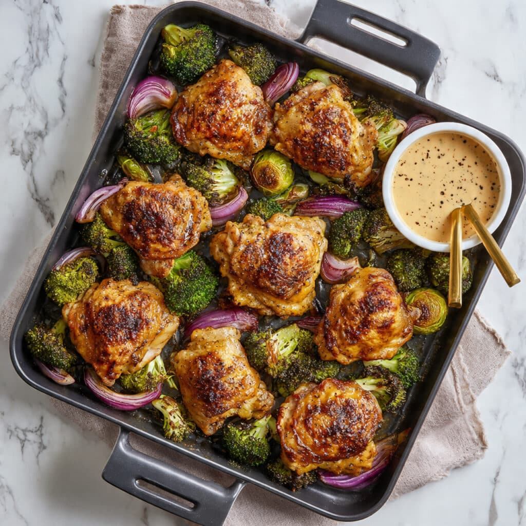 Sheet Pan Chicken Thighs with Broccoli and Honey-Mustard Sauce Recipe