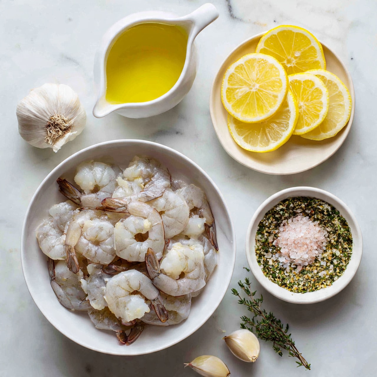 A white bowl filled with raw shrimp arranged in a loose pile, each shrimp pale gray with darker tails intact. Near the bowl, there is a small white jug with a yellow liquid, likely oil, shining under the light. To the right, a white bowl contains finely ground green and brown herbs mixed with light pink salt. Slightly above, a white bowl holds three lemon slices with their bright yellow flesh and white rind visible. Two garlic bulbs with dry outer layers rest on the white marbled surface near the lemon bowl. A small green herb sprig lies between the shrimp bowl and the other items. The photo taken with an iphone --ar 4:5 --v 7