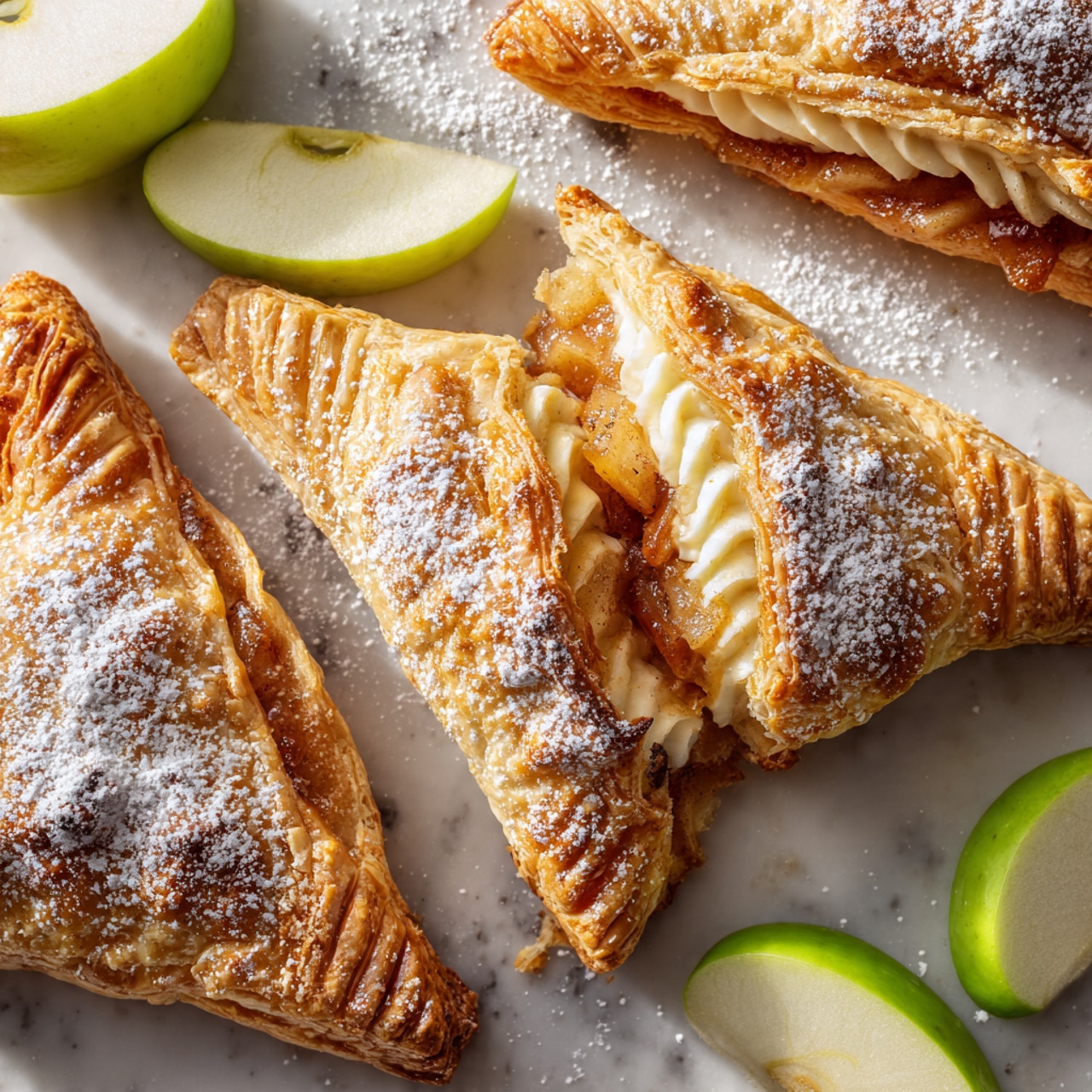 The image shows several golden-brown puff pastry triangles dusted with white powdered sugar, placed on a white marbled surface. Some pastries are closed with a crispy crust, while one in the center is cut open and reveals a layer of creamy white whipped filling, piped in swirled rows between the two pastry layers. Another triangle near the front is broken, showing small, soft, light brown cooked apple pieces in a syrupy sauce inside. Around the pastries, there are fresh green apple slices, adding a fresh touch. The layers of puff pastry are flaky and slightly shiny from baking. Photo taken with an iphone --ar 4:5 --v 7